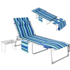 Tanning Chair with Face Hole and Side Table, 5-Position Folding Outdoor Chaise Lounge Chair, Blue Stripe (Option: Blue Stripe-780x160x650 mm)